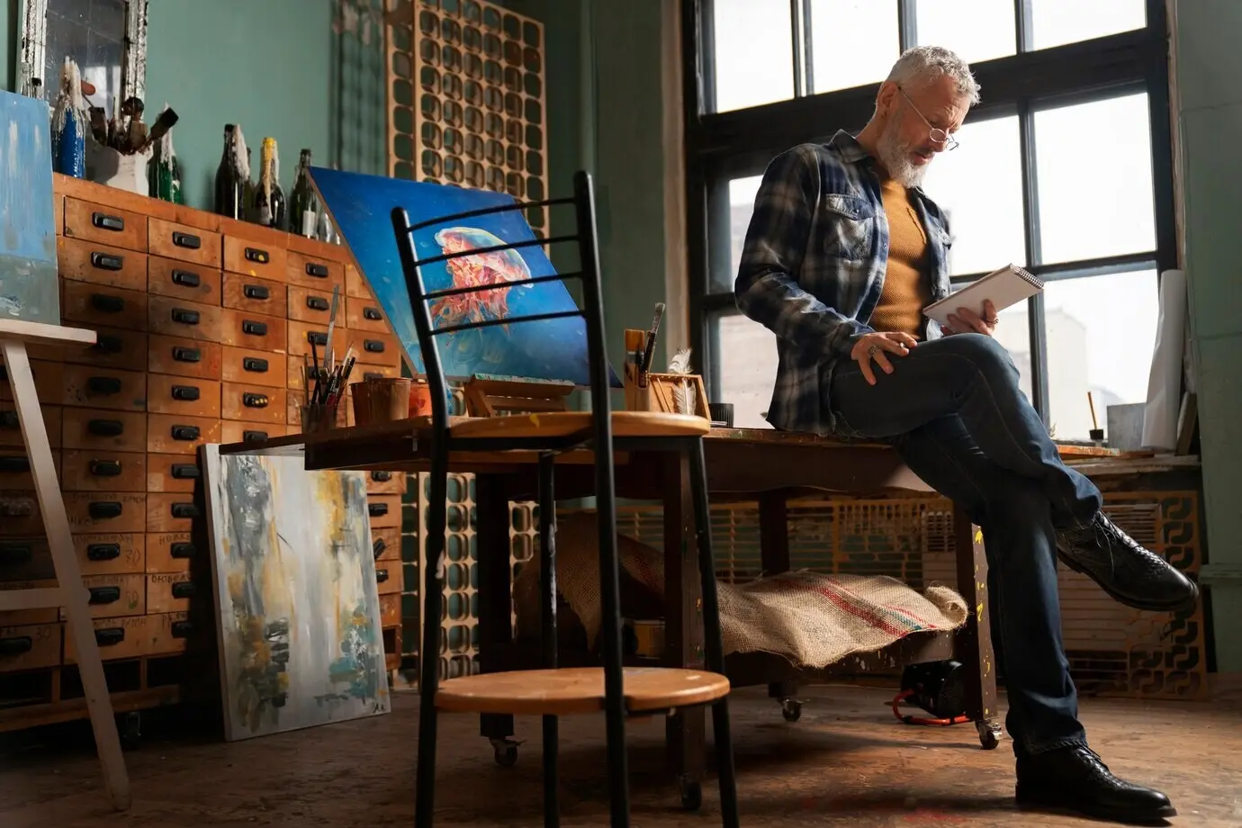 男性が水彩で絵を描いている